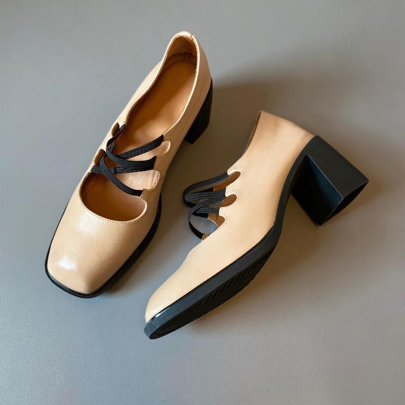 

Обувь нового стиля - Бесшумные туфли на высоком каблуке с квадратным носком, кожаная обувь в ретро-дизайне. 34 абрикосовый