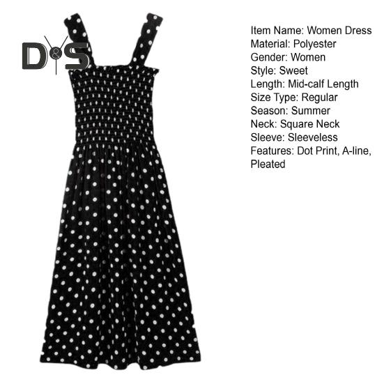 Letní Dámské Šaty Tečkovaný potisk Bez rukávů Elastické Prsa Čtvercový výstřih A-Line Velký lem řasený Délka do poloviny lýtek Seznamka Nákupní Midi šaty