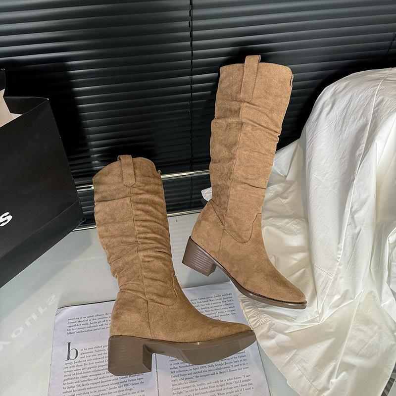 

Retro Skinny Western Pleated Knight Boots Women s 2025 New Autumn and Winter High Heel Thick Heel Knee Boots 40 хаки