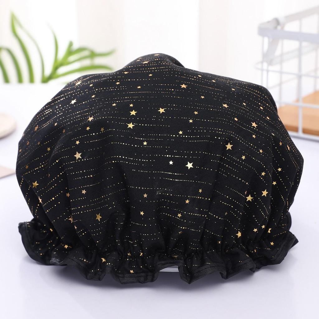 Double-layer Shower Cap  Waterproof Hair Cap  Gold-embossed Printed Polyester-cotton PEVA Shower Cap  Women's Bathing and Bathing Style