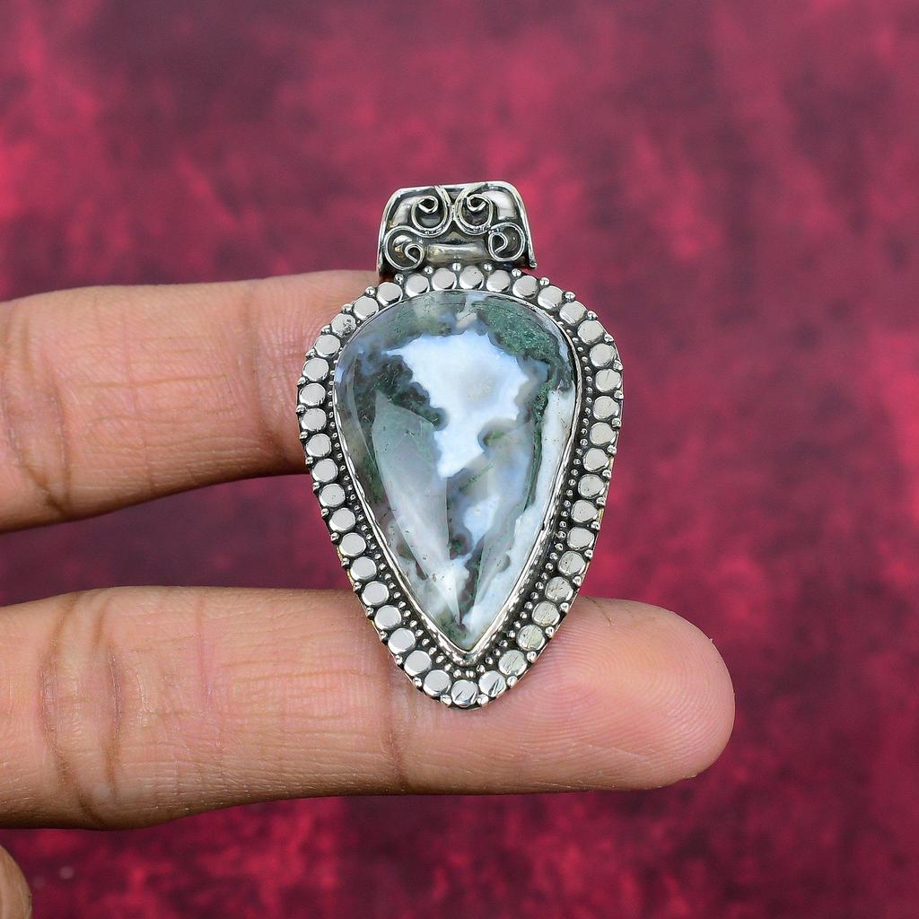 Moos Achat Anhänger, Edelstein Schmuck 925 Sterling Silber Anhänger, Geschenk für Frauen handgefertigter Anhänger
