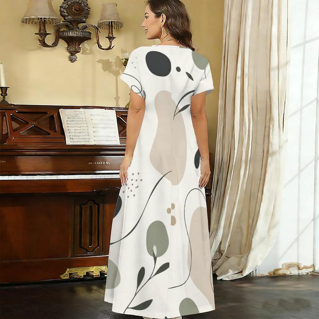 Women Plus Size V Neck Short Sleeve Abstract Printed Long Maxi Dress
