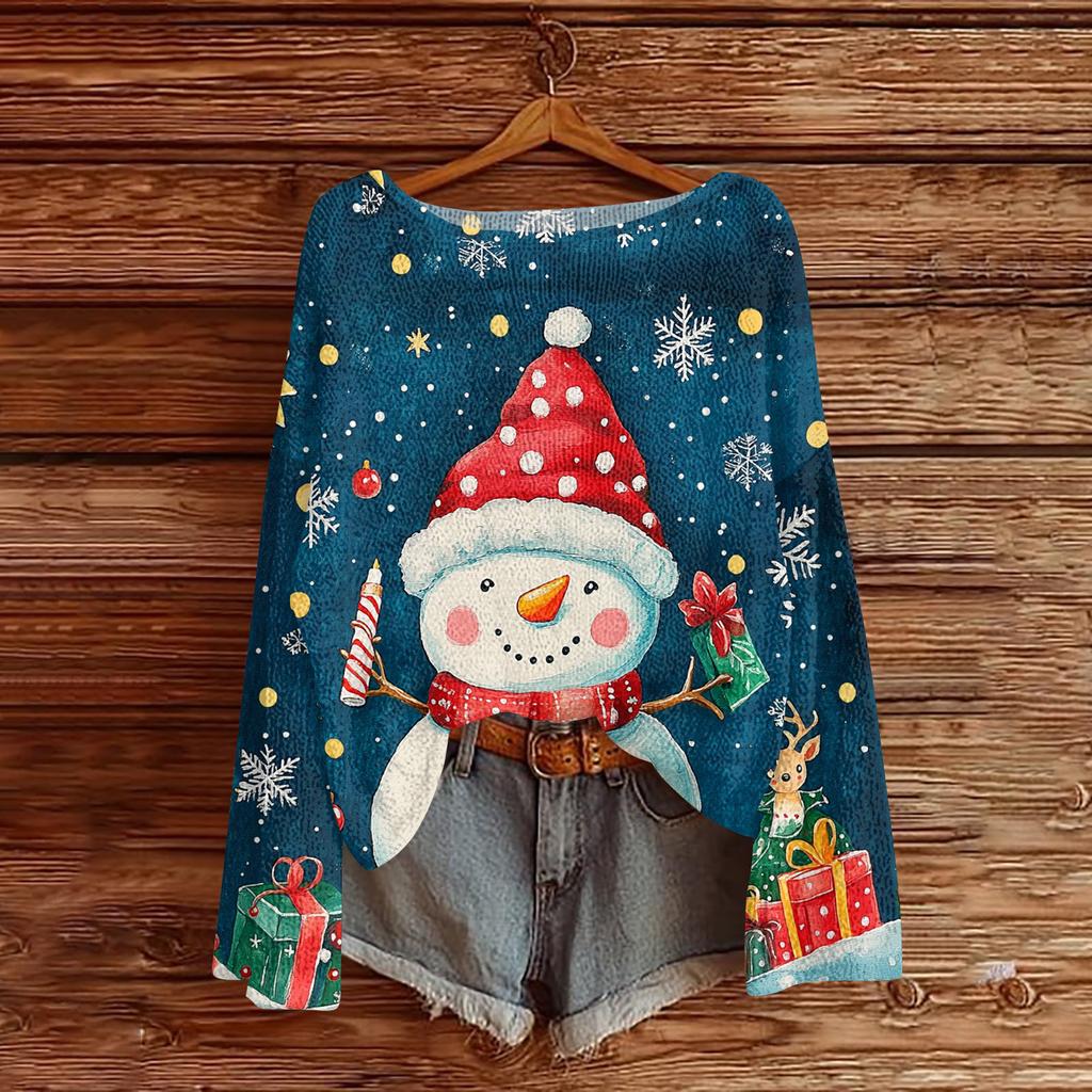 Women's Fashion Christmas Print Lightweight Sweater Casual Long-Sleeve Knit Pullover Top