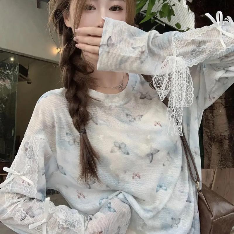 

Women s Light Blue Butterfly Print Sheer Top Lace Trim Long-Sleeve Casual Blouse L синій