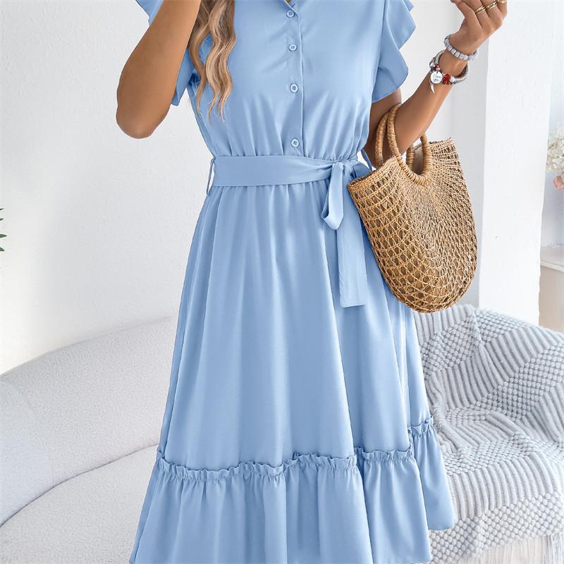 2026 Spring/Summer Women's Stand up Collar Ruffle Lace Waist Shirt Skirt S-XL