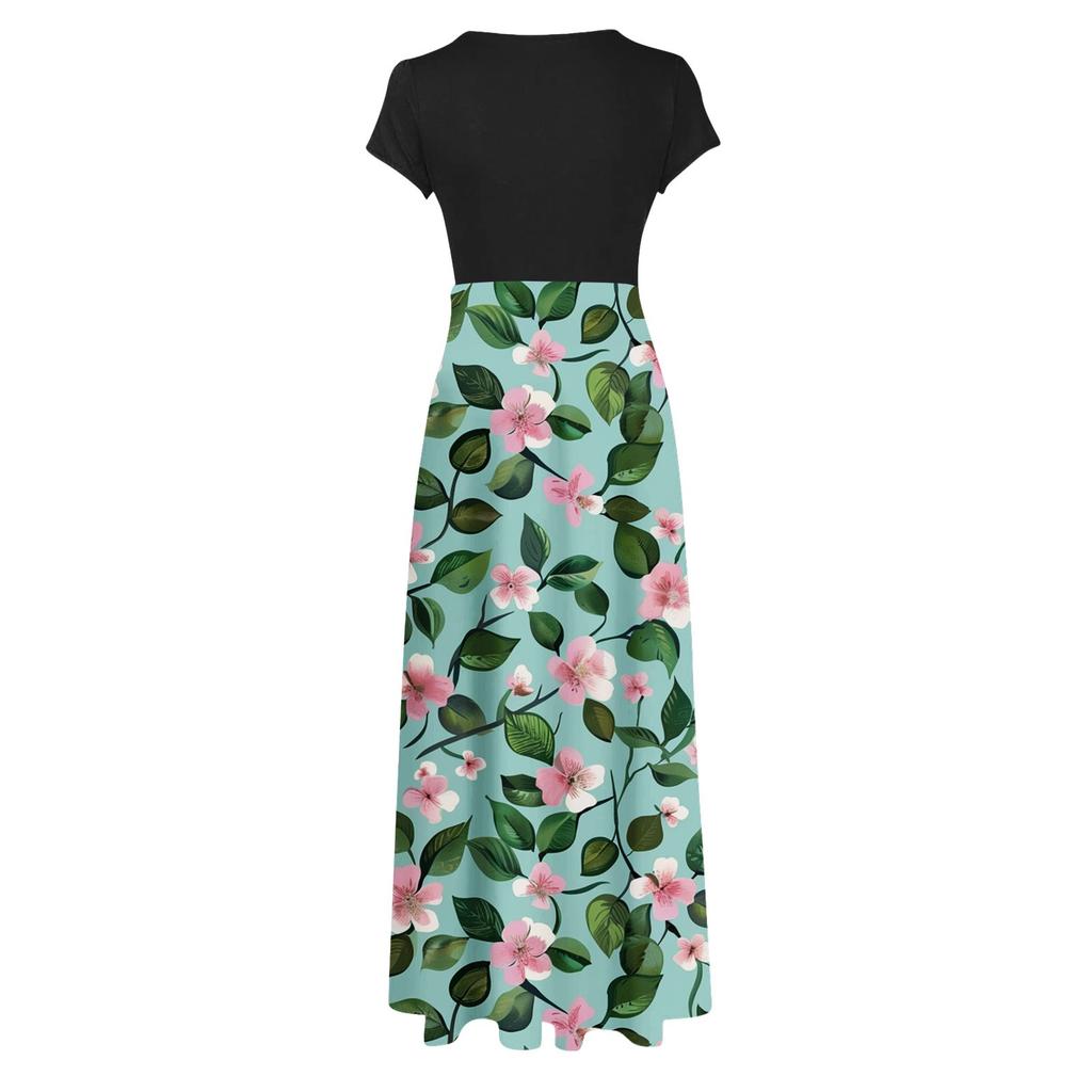 Women's Fashion Casual Loose Printed Round Neck Short Sleeve Long Dresses Short Sleeve Long Dresses