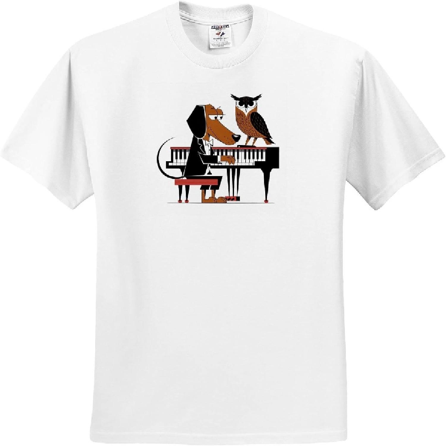 3dRose, Funny Cute Cool Dachshund Dog Playing Piano and Owl Cubism Abstract, T-Shirt S