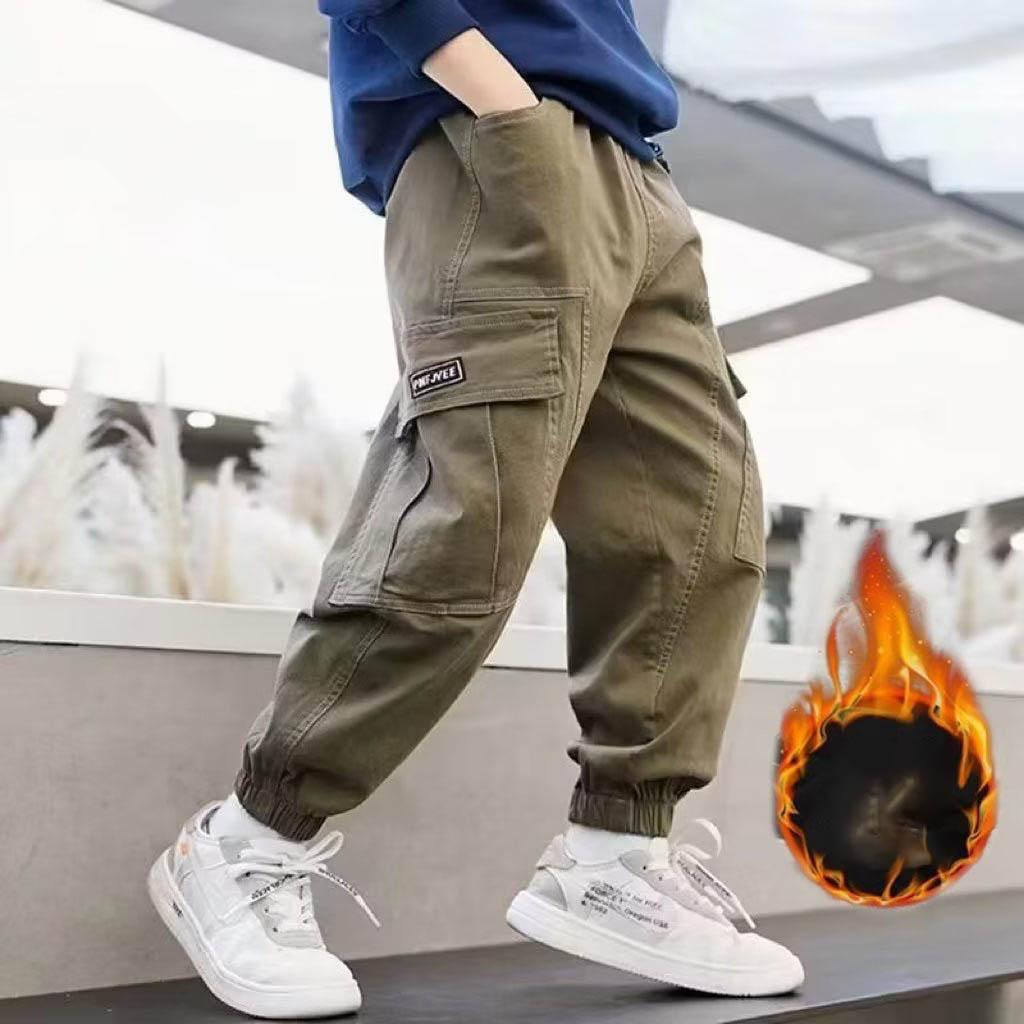 Boys Cargo Pants winter Streetwear Jogger Sweatpant Trousers Teenage Kids Elastic Waist Long Pants for Children 10 to 12 Years