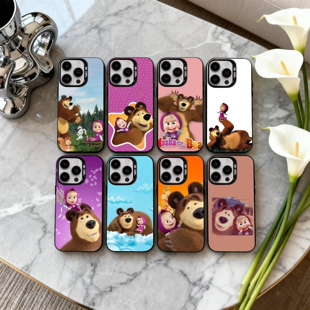Cute M-Masha and the B-Bears Phone Case For iPhone17,16,15,14,13,12,11 Plus,Pro Max Black Candy Silver Phone Case