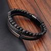 Fashion Natural Stone Beads Men Bracelet Multilayer Leather Bracelet Punk Jewelry Stainless Steel Magnetic Clasp Bangles