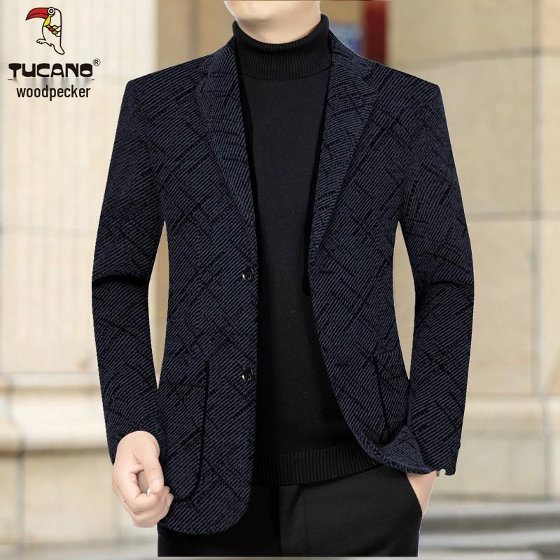 Woodpecker Men's Cashmere Wool Suit - Plush, Thickened Winter Wear for Middle-Aged & Casual Dad Style.