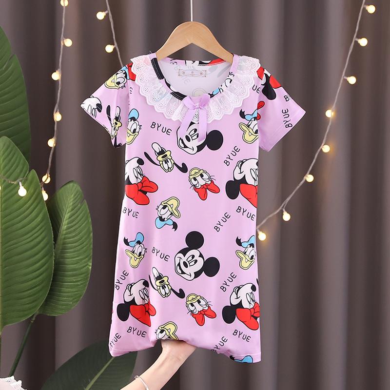 Lace Short Sleeve Cartoon Nightgown for Girls - Summer Pajamas