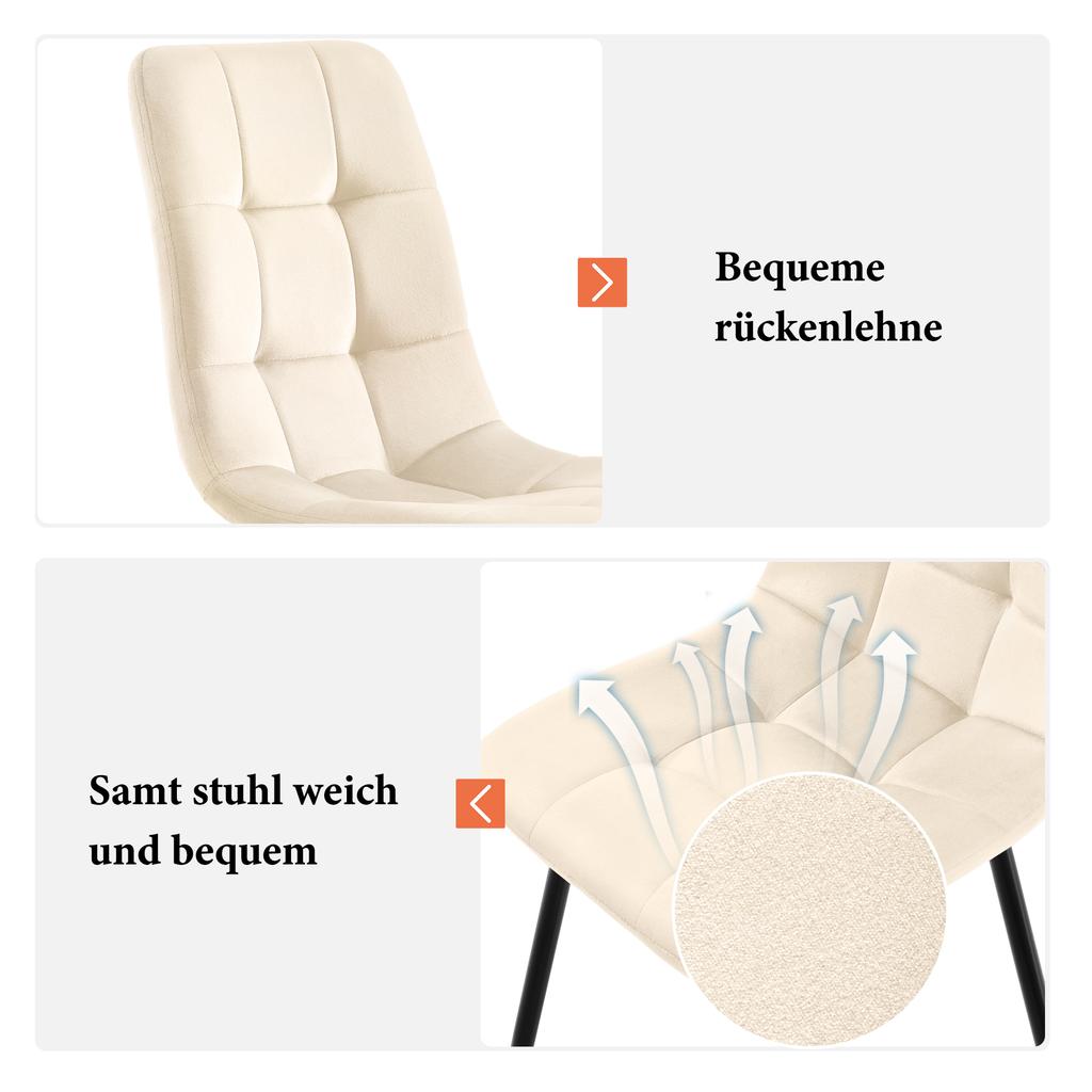 Dining Chair (4 pcs), Beige, Set of 4 Upholstered Design Chairs with Backrest, Velvet Seat, Metal Frame
