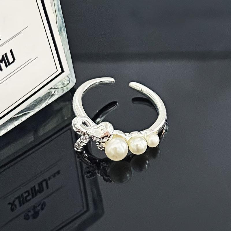 French Gentle Wind Bead Bow Full Diamond Light Luxury Ring Women'S Unique Niche High-End Ring