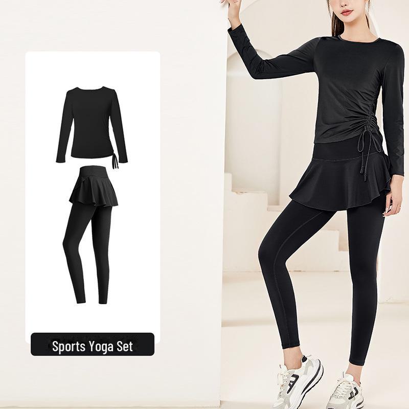 Two-Piece Women's Yoga Skirt Set: Long Sleeve Sports Top for Running, Fitness, and Pilates