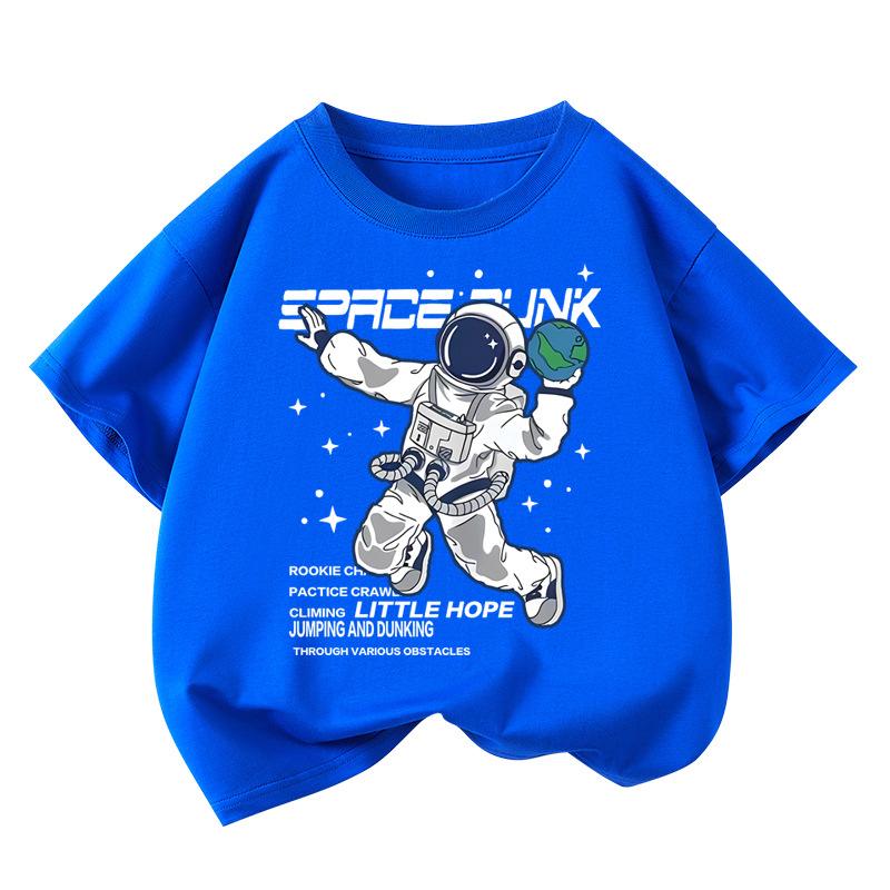 1pcs Boys 100% Cotton Tee Summer Cartoon Fashion T-shirt Student Short-sleeveds Astronaut Print Tops Childrens Round Neck Tshirt