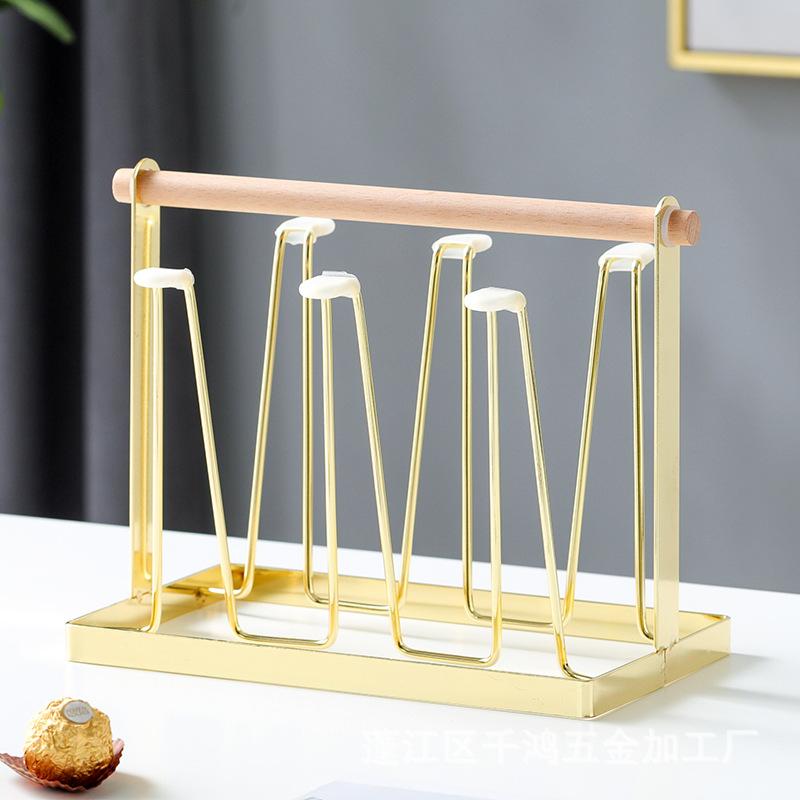 Cup Drying Rack Stand,Beer Glasses Rack 6 Cup Metal Drainer Holder Rack Non-Slip Mugs Cups Organizer with Wood Handle