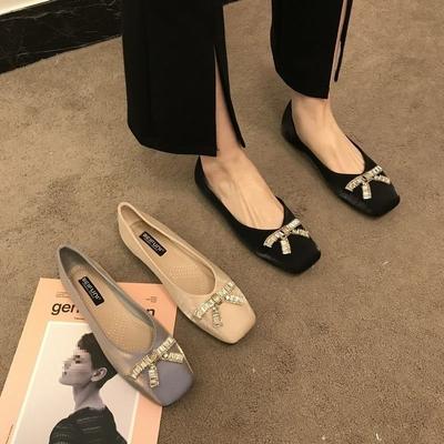 Chaussures simples à bout carré avec nœud en strass pour femmes, à semelle plate polyvalente et souple, chaussures de grand-mère en satin, nouvelles chaussures de soirée