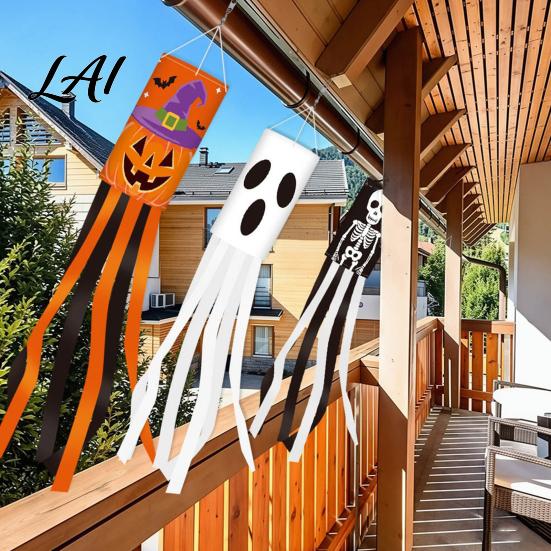 Skull Pattern Wind Streamer Halloween Windsock Flag Large Spooky Pumpkin Skeleton Ghost Socks Outdoor Decorative Eaves Hanging Props Decor for Yard