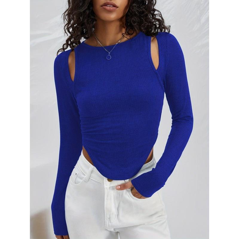 Spring and Autumn Women's Hollow Irregular Round Neck Knit Long Sleeve Sexy Fashion Top