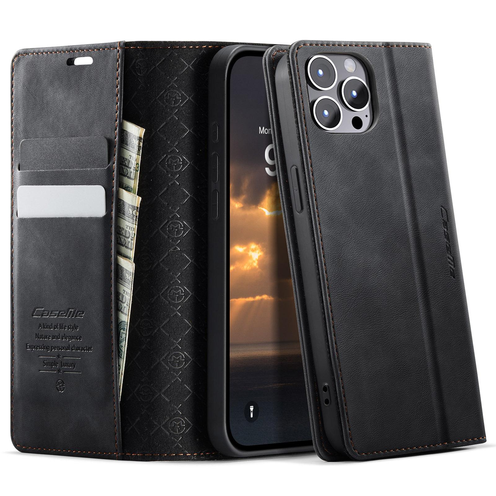 

For iPhone 12 Pro Max 6.7 inch Case CASEME 033 Series RFID Blocking Wallet Stand Calf Texture Leather Phone Cover Black