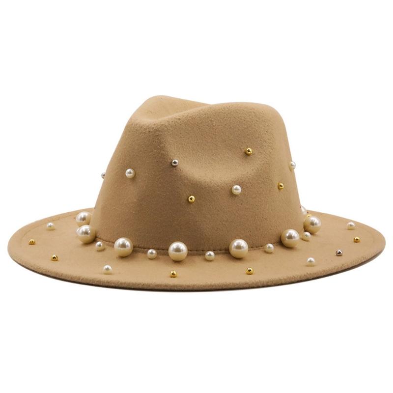 Fashion Classic Fedora Wool Big Brim Pearl Jazz Top Hat Church Hat Adult Dancer Costume Accessory Prop for Women and Men