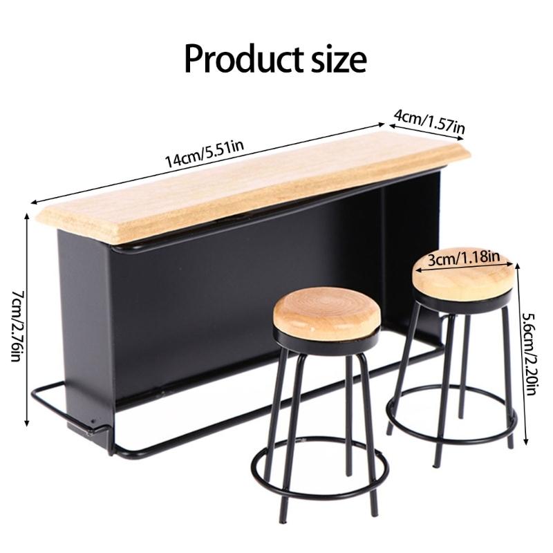 3Pieces Doll House Furniture Bar Counter with 2 Bar Stools and Bar Table for Craft Project Bar Scene Display Accessory