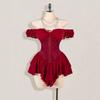 Jacquard Splicing Pleated Ruffle Edge Off-the-shoulder Multi-layer Ruffle Edge Hem A-word Chiffon Mini Dress