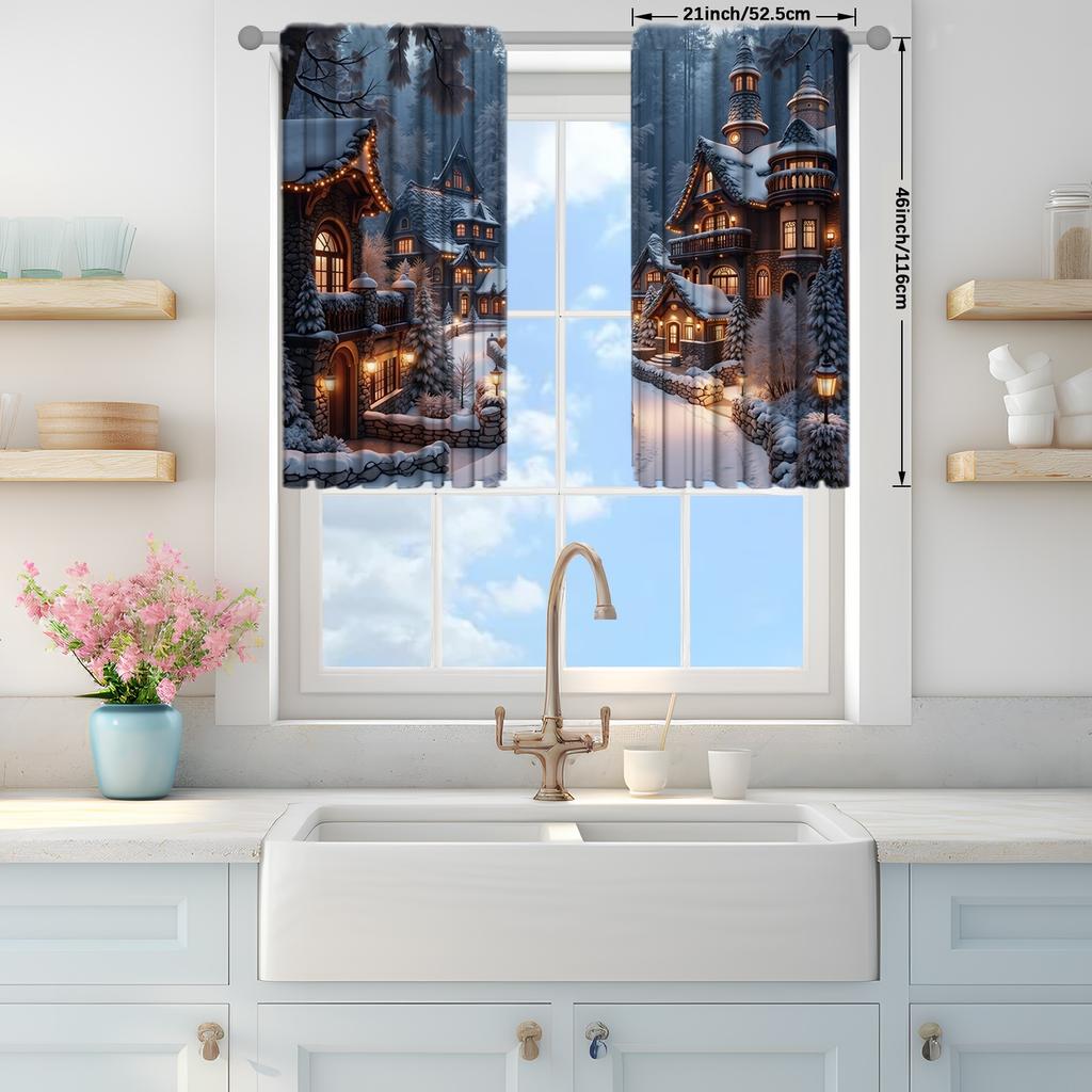 2pcs Winter Town Snow Scenery Printed Curtain for Christmas Home Decor - Rod Pocket Window Treatment for Bedroom,Office,Kitchen
