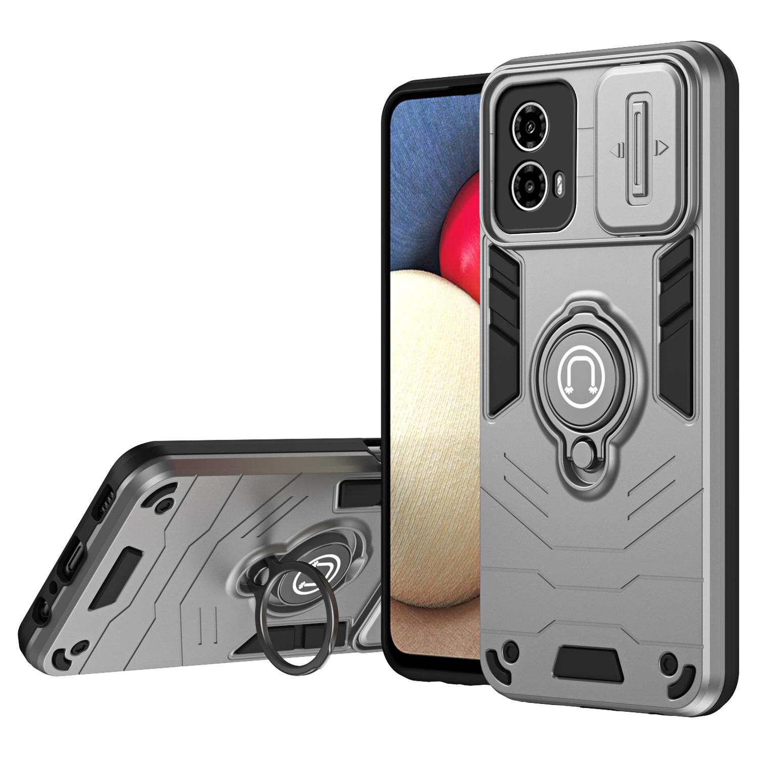 

For Motorola Moto G45 5G/G34 5G Case with Slide Camera Cover PC+TPU Phone Protector Ring Kickstand Grey