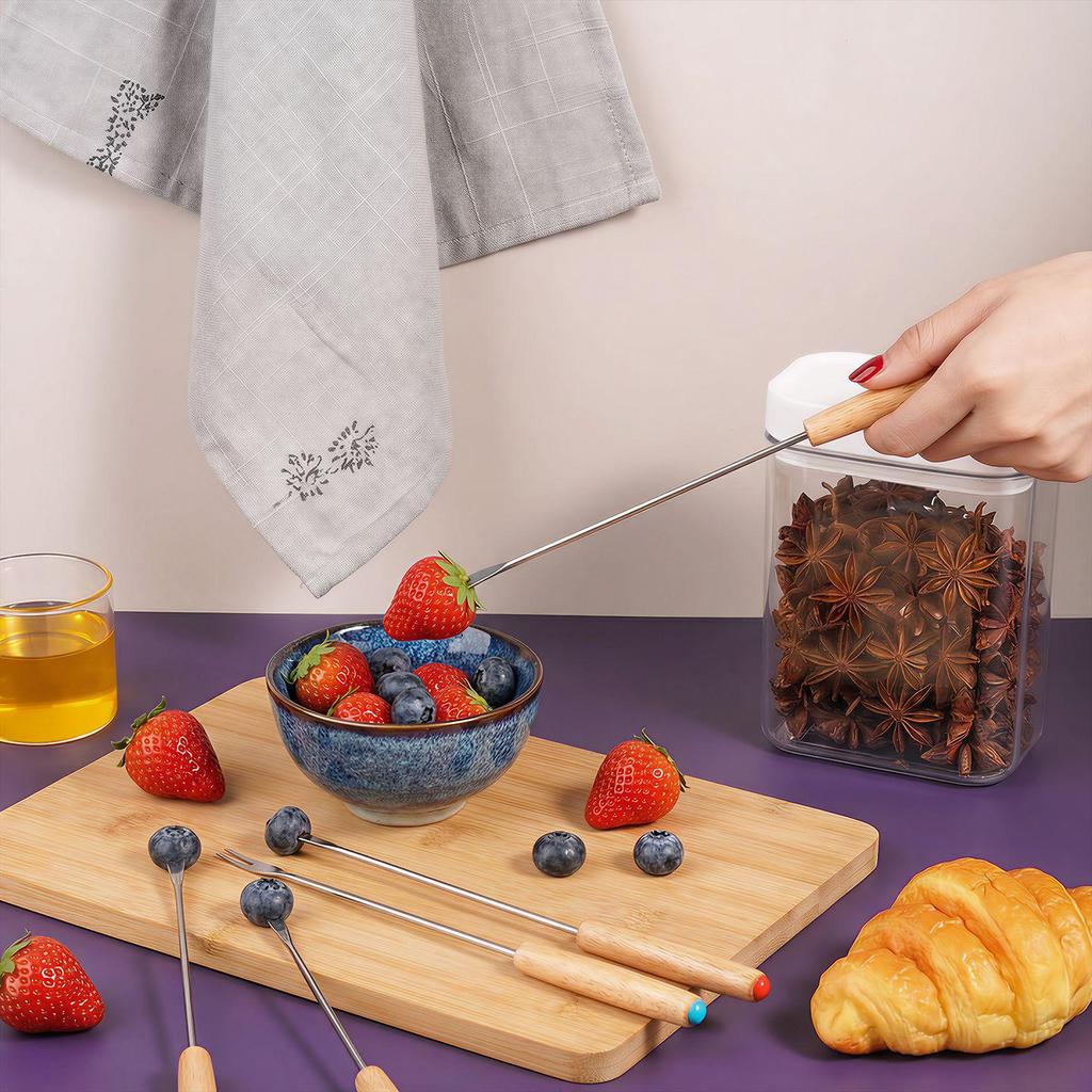 Oak Handle Fondue Fork Set - 6 Pieces for Cheese, Bread & Chocolate