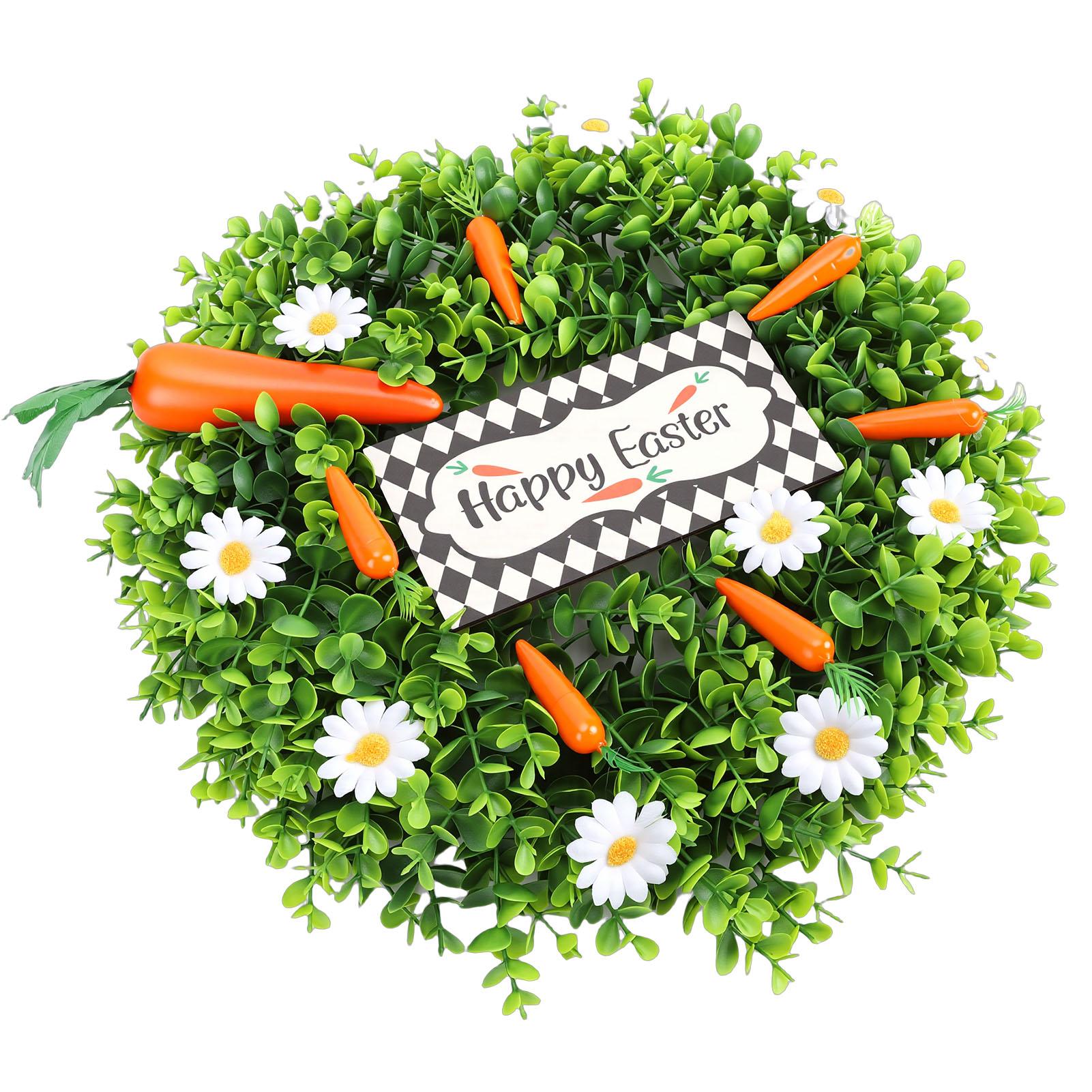 

Easter Wreath Decoration Artificial Spring Wreath with White Daisy Carrots Green Leaves for Home Wall Farmhouse Holiday