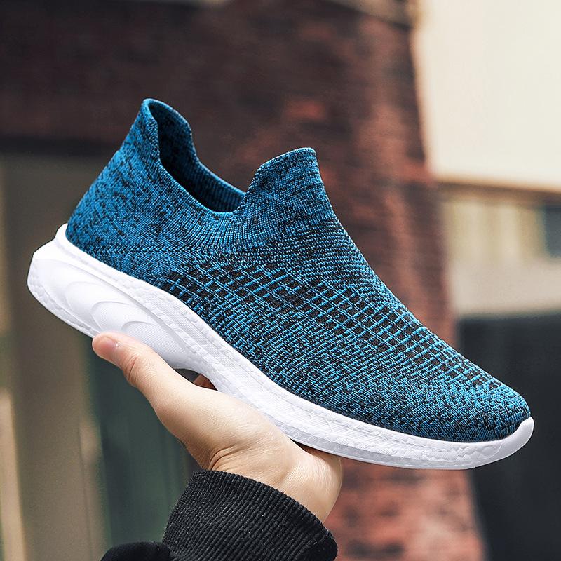 Large Size Fly-woven Lightweight Men's Shoes One-pedal Sports Shoes Casual Large Size Knitted Socks Shoes Soft Sole Dad Black Shoes