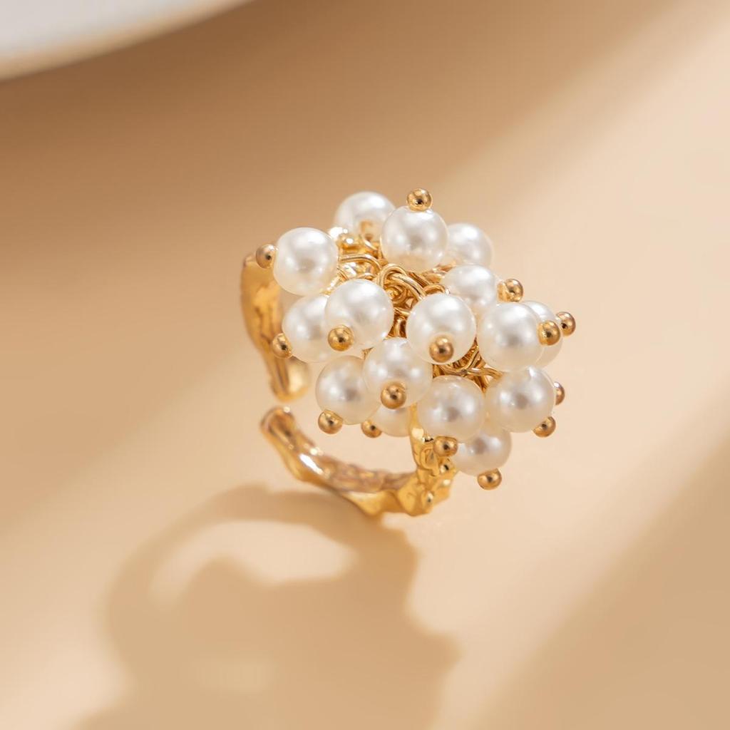 Opening Adjustable Pearl Flowers Rings Vintage Gold Silver Color Retro Exaggerated Metal Alloy Hollow Finger Ring for Women Geometric Jewelry Anillos