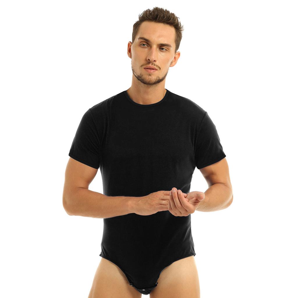Mens One Piece Underwear Short Sleeve Press Crotch T-shirt Bodysuit Romper Pajamas Adult Playsuit