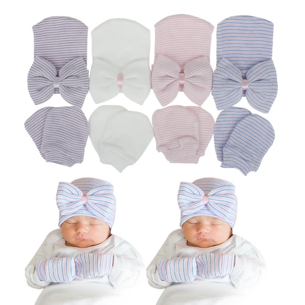 

Striped Baby Tire Cap Big Bow Hat Gloves Two-Piece New Baby Hat and Mitten Set Winter Baby Hat