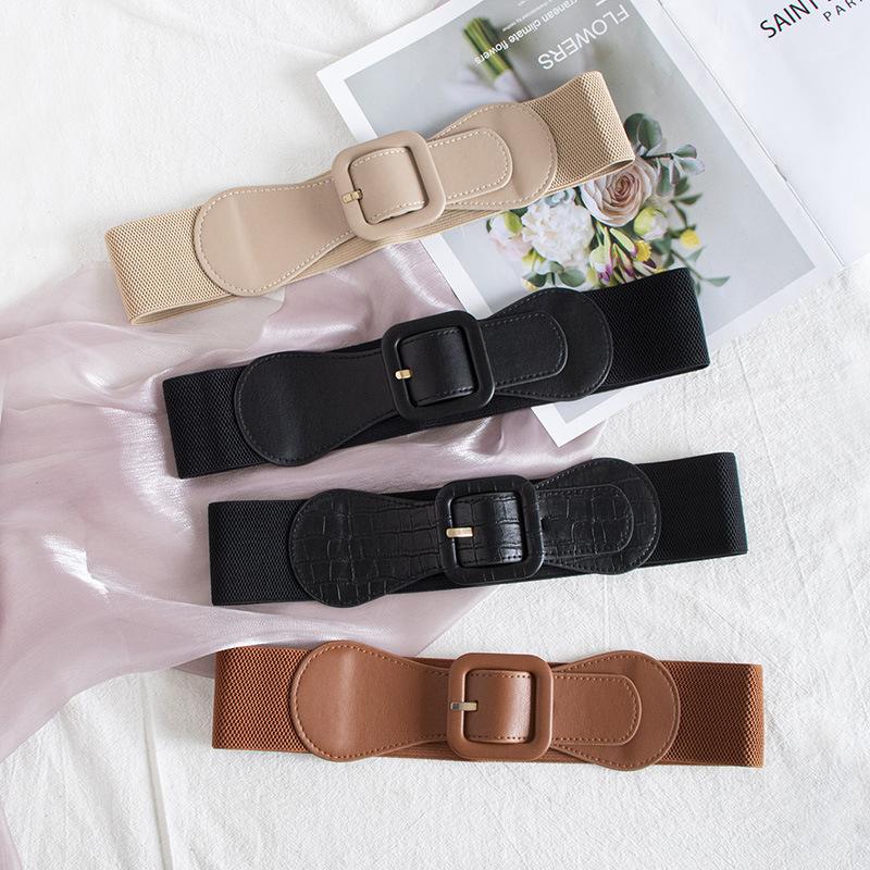 Women's Simple and Versatile Elastic Buckle Adjustable Atmospheric Basic PU Waist Seal Wide Daily Casual Belt