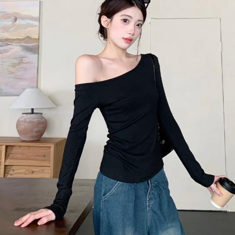 Women Autumn Long-sleeved Slash Neck Crops Tops Elastic Sexy Slim Backless T-Shirts Female New Fashion Lace-up Solid Top Tees