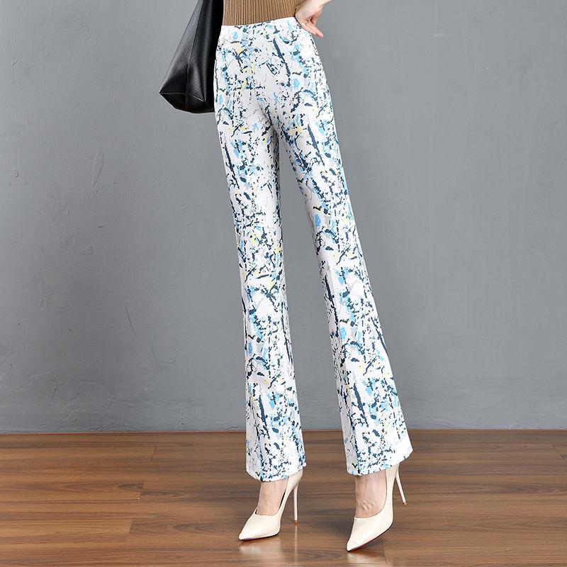 2024 Floral Plaid Elastic Waist Slimming Micro Flare Women's Pants