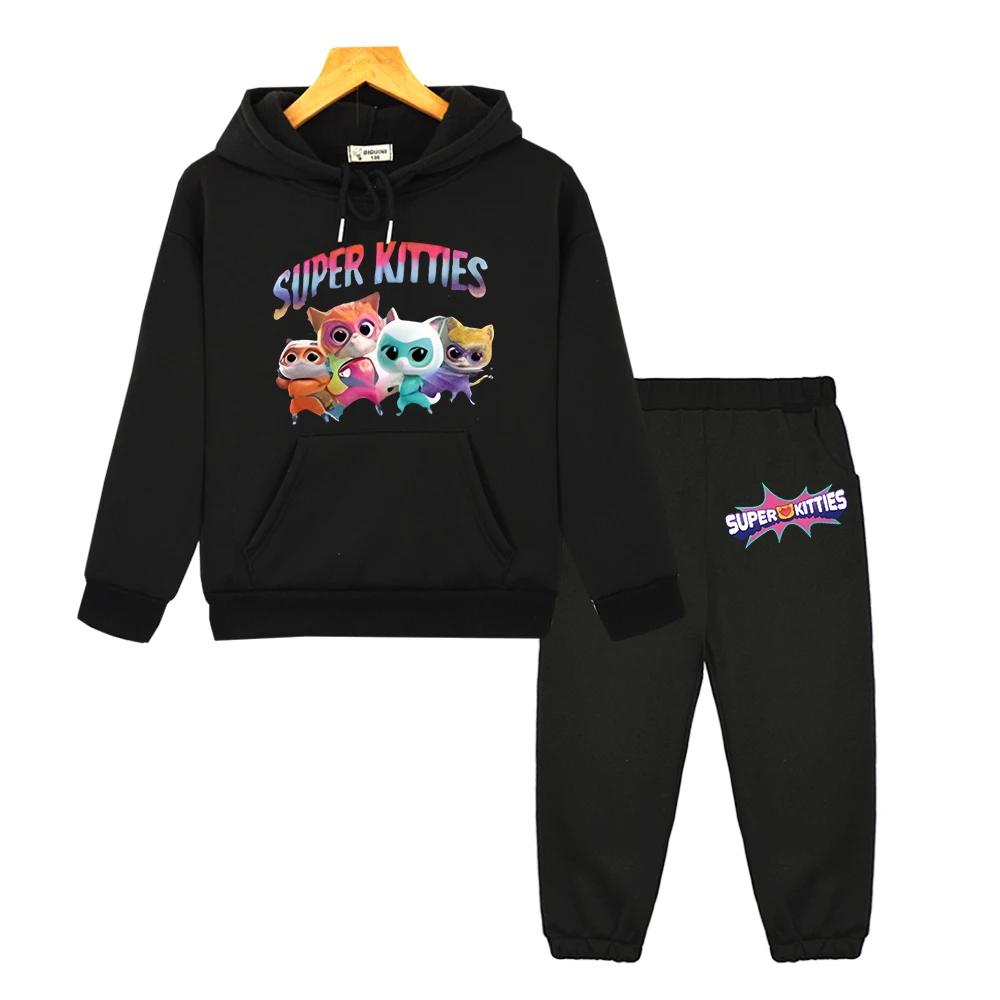 Boys Girl Hooded Sets Super Kitties Anime Hoodie Fleece Sweatshirt Cat Jacket 2pcs Pullover+pant Autumn Kids Boutique Clothes