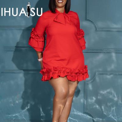 Vestido Feminino de Verão Plus Size Manga 3/4 Moda Temperamento Solto Lace-up Cor Sólida Borda Orelha de Madeira