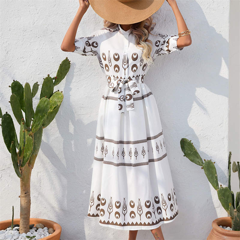 National Style Soft Dress Women's Clothing Half-Length Sleeve Printing Summer