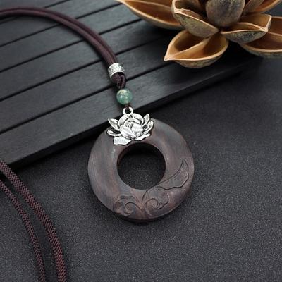 Retro Literary and Artistic Long Ebony Necklace Wooden Pendant Women's Simple Zen Sweater Chain Cotton and Linen Accessories