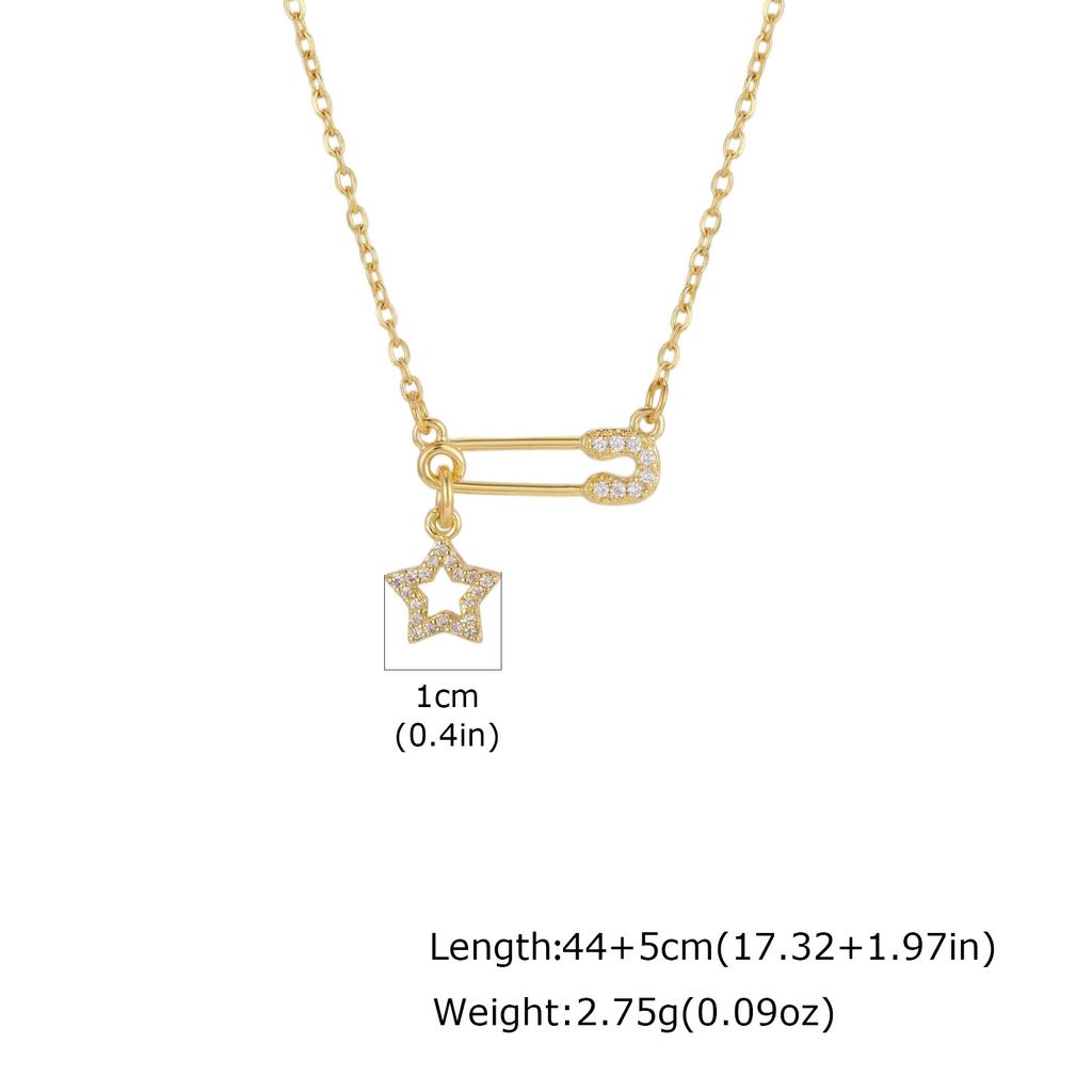 Safety Pin Necklace Pave CZ Star Moon Sun Charms Pendant Jewelry for Women