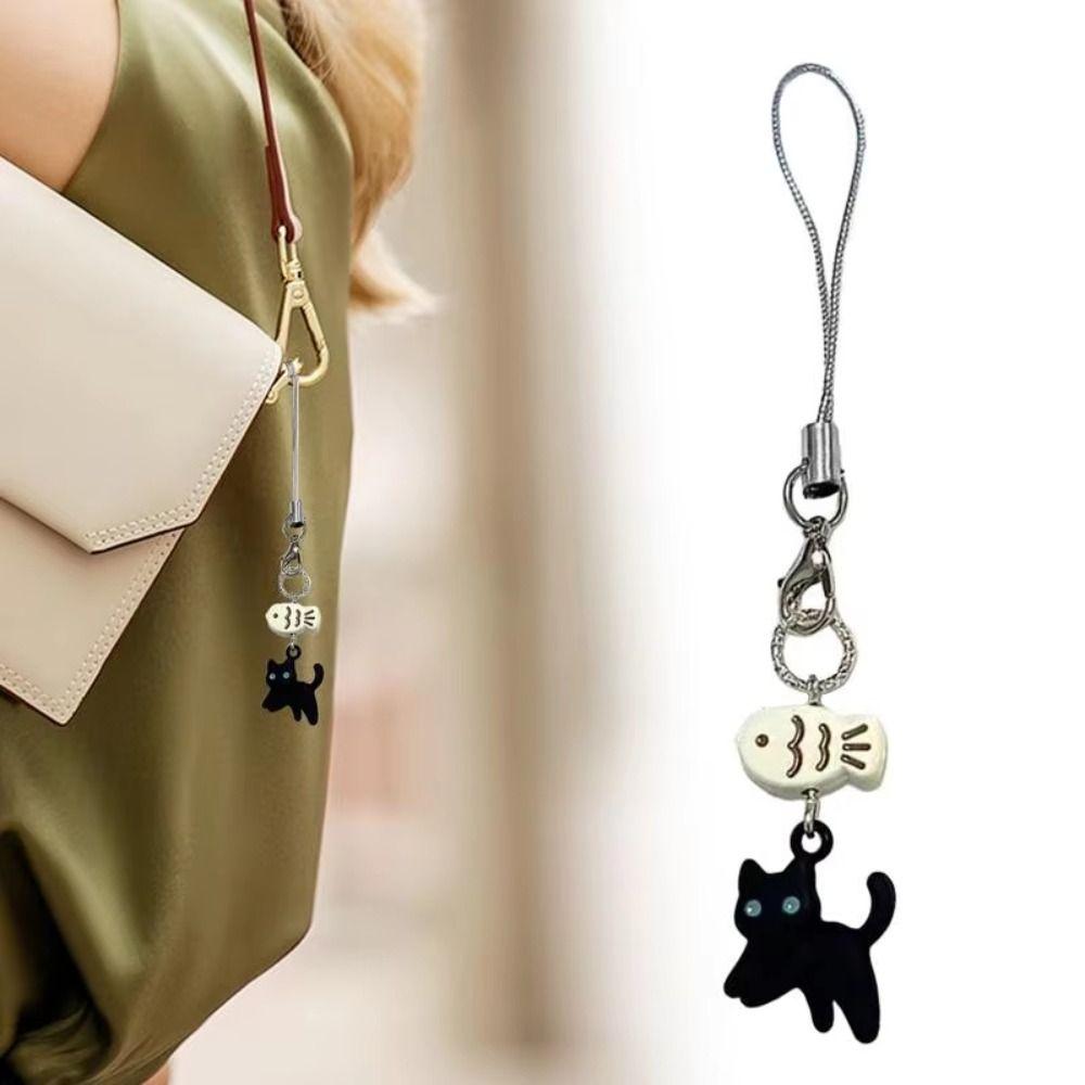 Cellphone Lanyard Y2K Phone Charms Bag Decorative Mobile Phone Chain Black Cat Pendant  Backpack