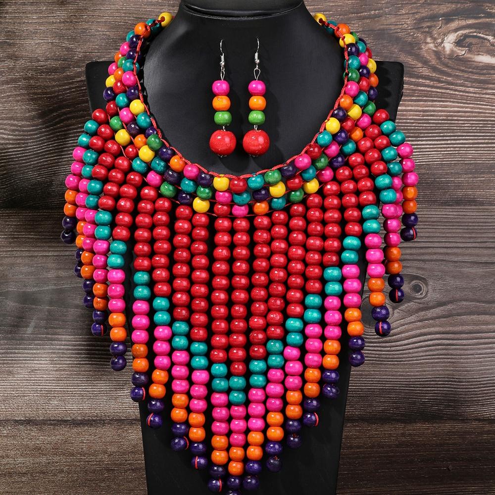 Statement Jewelry Set Bohemian Retro Ethnic Handmade Wooden Bead Woven Bib Necklace And Earrings Women s Daily Accessories красный