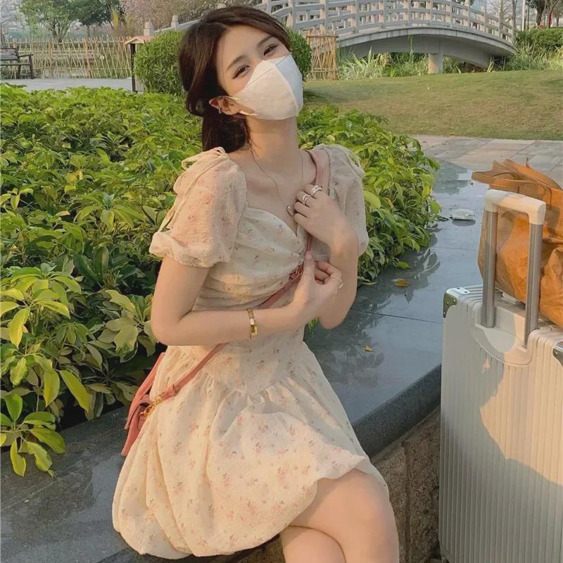 2025 Floral Off-Shoulder Puff Sleeve Dress - Women's Spring/Summer Slimming Fairy Style