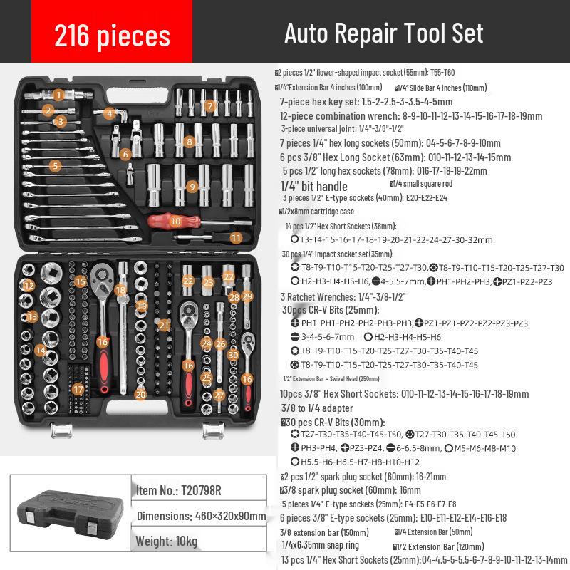 216-Piece Auto Repair Socket & Ratchet Wrench Set for Car Repair