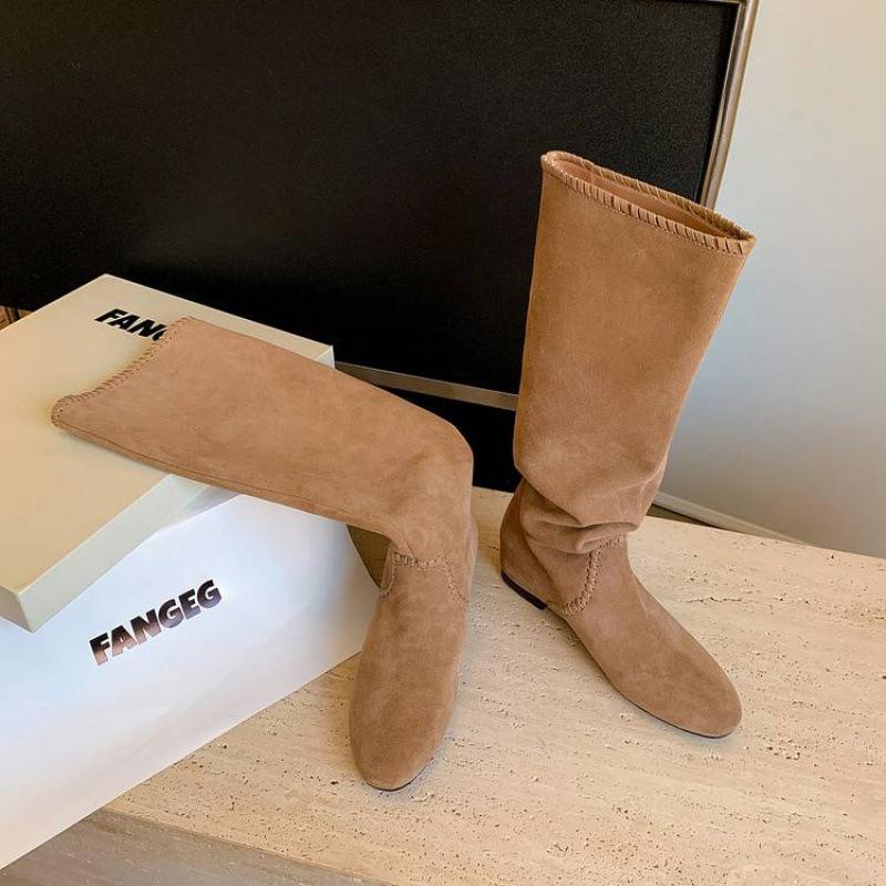 Nové dámské kožené boty jednobarevné kulatá špička nízký podpatek velká velikost dámské boty rukáv pravá kůže módní boty podzim a zima hovězí kůže