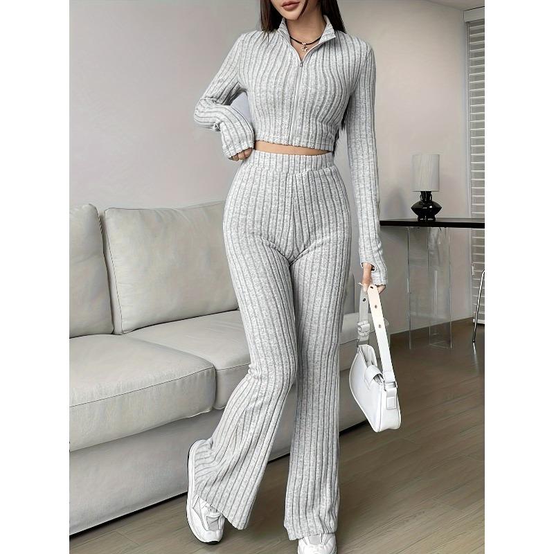 

women s Ribbed Zip Up Long Sleeve Cropped Top High Waist Flare Pants 2 Piece Casual Loungewear Set S светло-серый